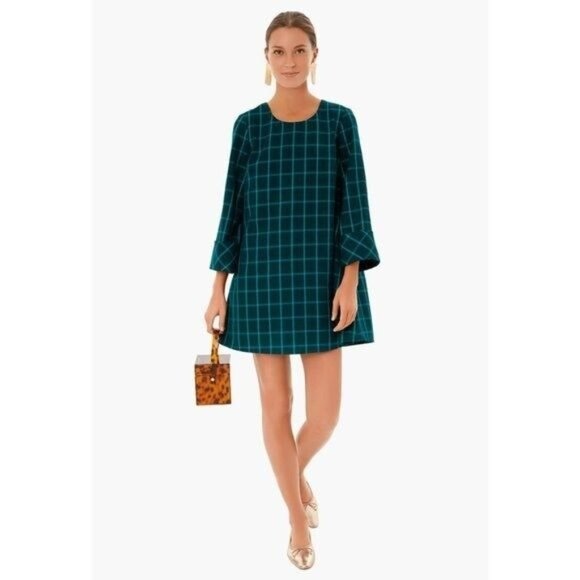 Tuckernuck Aegean Teal Chambers Swing Mini Dress Exaggerated Cuff Mod 60s sz M - Picture 1 of 9